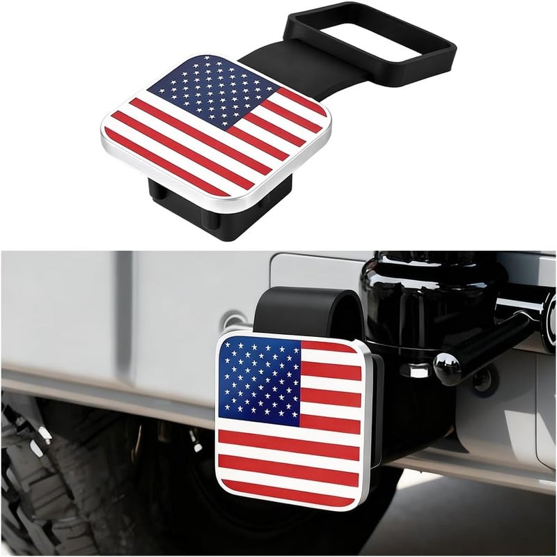 Sandfren 2 Inch Trailer Hitch Cover, American Flag Vehicle Square Mouth Protection Hook Dust-Proof Plug Cap, Auto Receiver Tube Hitch Plug Insert Accessories, Universal for SUV Truck RV (Silver/Red - Image 1